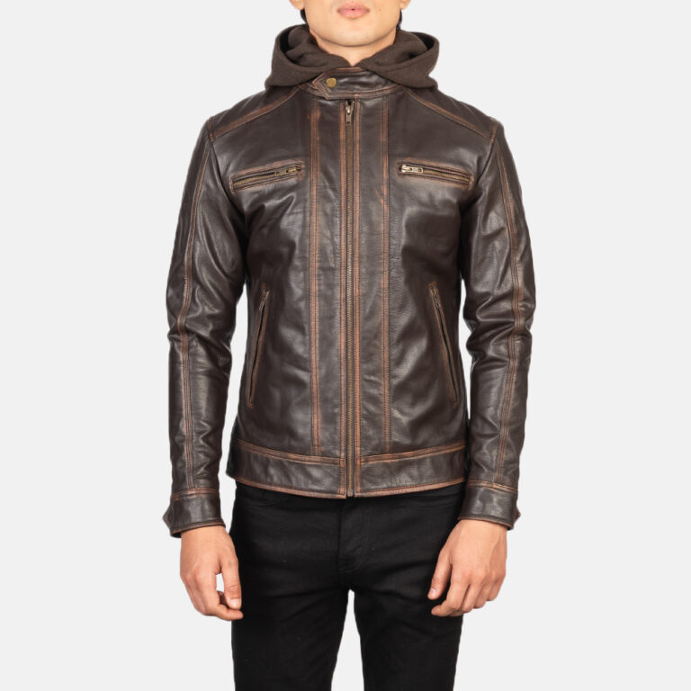 Mens Hector Vintage Brown Hooded Leather Biker Jacket Close Front-5-1634133111078